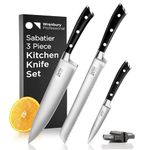 Wrenbury Pro Sabatier Knife Set - 3 Piece with Sharpener - Professional Kitchen Chefs Knives - 20cm Bread Knife, 9cm Paring, 20cm Chef Knife - Dishwasher Safe