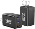[2 Pack] USB C Charger Block 160W, 3-Port GaN Super Fast Charger, Dual 65W Type C Charging Block, Foldable QC3.0 Laptop Fast Charging Adapter for MacBook, iPhone, Samsung, Galaxy, iPad, Android, Black
