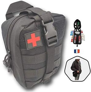trousse de secours complète militaire noire tactique Kit compact 103 pcs ASSEMBLE EN FRANCE +3 tire tiques Se fixe à la ceinture Conçu pour toutes activités randonnée,voyage airsoft