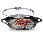 Bruntmor Enameled Cast Iron Skillets - 10-Inch Round Grill Pans for Stove Tops with Glass Lid - 3.5 Quarts Large Frying Pan with Double Loop Handles - Safe for Oven and All Cooking Tops - Black