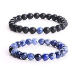 EDMIRIA Stylish Couple Combo Natural Stones Onyx, Lava, Rose, Tiger, Howlite Bracelet For Friendship Relationship Boyfriend Girlfriend Valentines Gift (Sodalite + Matte Onyx)