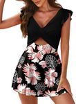 Aleumdr Women Cutout Ruffle One Piece Skirt Swimsuit V Neck Wrap Swimdress Tummy Control Bathing Suit Black Floral Small