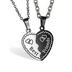 JewelryWe 2PCS Stainless Steel Love Heart Puzzles Necklaces Best Friends Engraved Pendant Friendship Chain for Men Women(Color Silver Black)