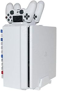 ElecGear Games Disk Tower, Vertical Stand, Dual Charger White Blu-ray DVD Disc Storage Organizer Holder, PS4 Controller Twin Charging Station for Playstation PS4, Pro, Slim