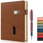 A5 Lined Leather Journal with Pen, 240 Pages Refillable Hardcover Notebook with Pocket and Magnetic Buckle, 80gsm Thick Daily Diary for Men and Women, Great Gift for Business School Travel Personal - Brown