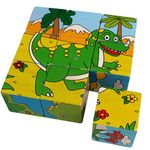 Trinkets & More - 3D Jigsaw Puzzle Wooden Cube Block Animals 6 Face 9 Pieces with Storage Tray Kids 3+ Years (Dinosaurs)