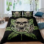 Sugar Skull Comforter Cover Leaves Duvet Cover King Size Leaves Weed Bedding Set For Kids Teens Adult Skeleton Bones Quilt Cover With 2 Pillow Cases Black Green