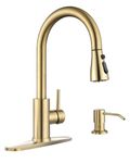 APPASO Gold Kitchen Faucet with Soap Dispenser, Brushed Gold Kitchen Sink Faucet with Pull Down Sprayer, Modern High Arch Single Handle Sink Faucet for Kitchen, 3 Modes & Champagne Gold