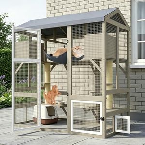 PetsCosset Catio Outdoor Cat Enclosures 66.5" H Large Cats Patio for Indoor Outdoor Cats Window Catios Wooden House with 2 Scratching Posts, 2 Resting Room, Waterproof Roof, Playforms for 3-4 Cats