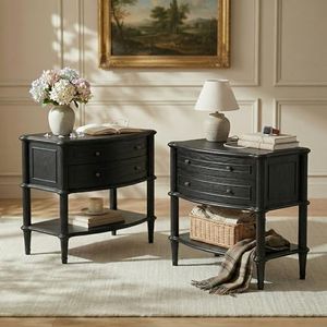 STO'SENSE Wide Nightstand Set of 2 w/Charging Station & 2 Drawers, Pre-Assembled, Vintage Side Table w/Antique-Finished Pulls, Rustic Wood Finish, End Table w/Turned Legs for Bedroom,Black