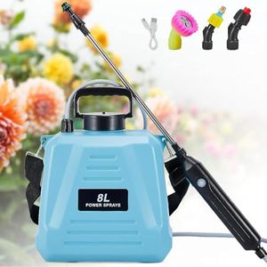Battery Powered Sprayer 8L,Upgrade Electric Sprayer with 3 Mist Nozzles, USB Rechargeable Handle and Retractable Wand, Garden Sprayer with Adjustable Shoulder Strap for Lawn,Garden,Cleaning (Blue)