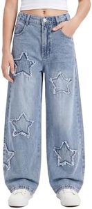 PATPAT Girls Jeans Baggy Wide Leg Cute Star Y2K High Elastic Waisted Loose Denim Pants for Kids with Pockets 13-14 Years