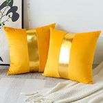 Artscope Yellow Velvet Throw Pillow Covers with Gold Leather Stitching Luxury Modern Minimalist Square Pillowcase Cushion Covers for Bed Couch Sofa 18x18Inch Set of 2