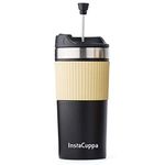 InstaCuppa Portable French Press Travel Mug for Coffee with Effortless Press Mechanism, Durable Steel Mesh Filter, Spill-Proof, Anti-Slip Grip, Perfect for Busy Moms On The Go, 400 ML, Black