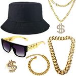 Gionforsy Hip Hop Costume Kit 80s 90s Rapper Accessories Bucket Hat Sunglasses Gold Chain Bracelet Ring