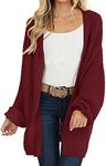 MEROKEETY Women's Open Front Chunky Knit Sweater Oversized Lantern Sleeve Cardigan Outwear, Wine, Medium