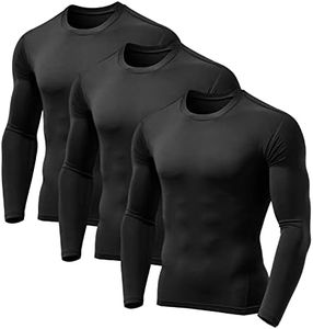 3 Pack Men's Compression Shirts Long Sleeve Athletic Base Layer Running Top UV Sun Protection Outdoor Work Out Shirts Black Large