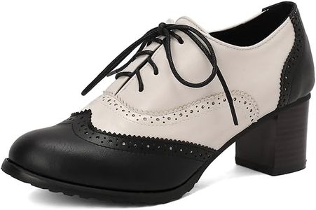 PIVAPAM Womens Vintage Oxfords Shoes Chunky High Heels Lace Up Wingtip Two Tone Perforated Saddle Pumps Shoes, Black-pu, 7.5