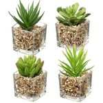 Briful Artificial Succulents Fake Succulent Plants, Set of 4 Small Fake Plants in Square Glass Pots Artificial Indoor Plants for Bathroom Bedroom Kitchen Home Decor