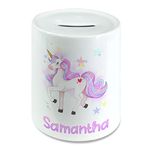 Personalised Watercolour Unicorn Girls Money Box, Piggy Bank, Savings Jar for Kids Coins. Bank Cash Box. Ceramic with Rubber Base