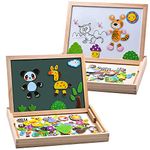 MOVEONSTEP Magnetic Puzzles Educational Wooden Toy 100 PCS Double Sided Magnetic Drawing Board with 3 Colors Mark Pens for Children Age 3+