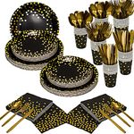 350 Pieces Gold Disposable Party Dinnerware Set &Golden Dot Disposable Party Dinnerware - Black Paper Plates Napkins Cups, Gold Plastic Forks Knives Spoons