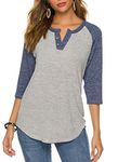 HOCOSIT Women's 3/4 Sleeve Raglan Round Neck Shirt Basic Button Henley Blouse Boyfriend Style Tunic Tops Blue