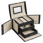 SONGMICS 3-Tier Jewellery Box, Lockable Jewellery Organiser with Handle, 2 Drawers, Travel Jewellery Case with Mirror, Jewellery Storage, Modern Style, Gift for Loved Ones, Classic Black JBC154B01