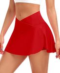 Pleated Tennis Skirt with Shorts for Women High Waist Cross Over Athletic Golf Skorts with Pockets Mini Skirt (Red, XS)