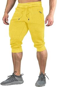 FASKUNOIE Men's Shorts Long Loose Fit Breathable Cotton Low Hammer Pants Capri Length Yellow