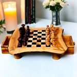Handcrafted Olive Wood Chess Set with 32 Hand-Carved Pieces | Rustic Chess Board with Storage Drawers | Multiple Sizes | Red/Black | Premium Tabletop Chess Game (45x45cm - Playing area 32x32cm, Black)