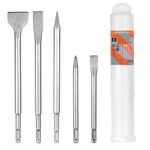 HPMAISON SDS Plus Hammer Chisel Set, 5PCS SDS Plus Tile Chisel and Concrete Chisel Set, Includes 3 Flat Chisel and 2 Point Chisel for Concrete, Brick, Cement, Stone and Masonry