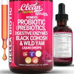 Liquid Probiotics for Women Drops with Chasteberry, Black Cohosh, Prebiotics, Digestive Enzymes, Evening Primrose Oil, Wild Yam, Cranberry Dmannose and Iron Vitamin D3 K2 Clean Nutra Bella Biotics