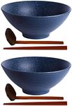 Kanwone Ceramic Japanese Ramen Bowl Set, Noodle Soup Bowls - 60 Ounce, with Matching Spoons and Chopsticks for Udon Soba Pho Asian Noodles, Set of 2, Navy