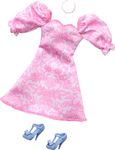 Barbie Clothes, Doll Fashions and Accessories Set Featuring 1 Complete Outfit with Pink Puff Sleeve Dress, Necklace, and Bow Heels