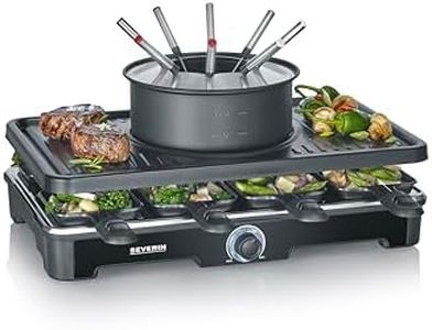 SEVERIN Appareil à Fondue et Raclette pour 8 personnes, Appareil à raclette 2 en 1 avec Plaque de cuisson et Service à fondue, Inclus 8 poêlons, spatules et fourchettes à fondue, Noir, RG 2347