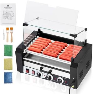 ACONEE Hot Dog Roller, 7 Rollers 18 Hot Dogs Capacity 1350W Stainless Sausage Grill Cooker Machine with Removable Oil Drip Tray Dual Temp Control and Glass Hood Cover, Perfect for Commercial and Party