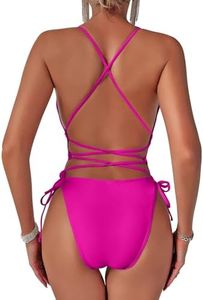 Lilosy Sexy Tie Criss Cross Plunge One Piece Thong Swimsuit High Cut Brazilian Bathing Suit, String Hot Pink, Medium