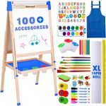 Blue Squid Art Easel for Kids - Dual-Sided Adjustable Wooden Painting Easels with Magnetic Chalk Board, White Board & Paper Roll - Includes 100+ Accessories for Toddlers & Children 3 to 12