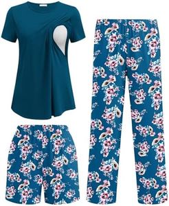 Ekouaer 3 Piece Maternity Pajamas Set Postpartum Nursing Short Sleeve Breastfeeding Sleepwear Pregnancy Shorts & Pants Pjs Blue Green-Flower XXL