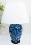 DOWNTON INTERIORS Large Blue Chinese Oriental Ceramic Table Lamp with Green White Floral Pattern Overall Height 61cm (G2106) (White Pleated Shade)