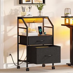 YITAHOME 2 Drawer File Cabinet with Charging Station, Filing Cabinet with Lighting and Wheels, Printer Stand with Open Storage Shelf for Home Office, Black