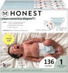 The Honest Company Clean Conscious Diapers | Plant-Based, Sustainable | Dots & Dashes + Multi-Colored Giraffes | Super Club Box, Size 1 (8-14 lbs), 136 Count