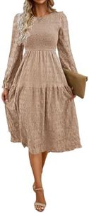 VECVOC Women's Fall Boho Long Sleeve Dresses Causal Smocked High Waist A Line Midi Dress 2024,Khaki,X-Large