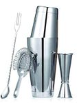 Rudra Exports Double Peg Measure 30 & 60 ml | Boston Shaker Kit with Hawthorne Strainer, Jigger & Bar Spoon for Drink Mixer | Bar Tending Set of 5 | (Size: 28oz and 18oz)