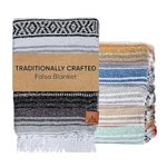 Mexican Blanket - Authentic Handwoven Serape Picnic Blanket (70"x50") for Outdoor Restorative Yoga, Beach, and Grass Resting - Large, Thick Cotton Throw with Baja Falsa Design (Mariachi Midnight)