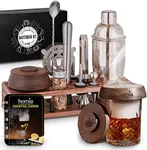 Bartender Kit with Whiskey Smoker - 13 pcs, Pine Stand - Bar Set with Cocktail Shaker, Bartending Kit with Essential Bar Accessory Tools, Wood Chips, Steel