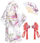 Japanese Traditional Dress Kimono Robe for Kids Girls Costume Silk Folding Fans hairstick Set(White130cm)