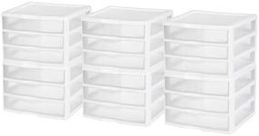 Sterilite Clear Plastic Stackable Small 3 Drawer Storage System for Home Office, Dorm Room, or Bathrooms, White Frame, (6 Pack)