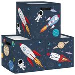 Clastyle 3 Pcs Space Kid Storage Cube Organizer Set Rocket Closet Clothes Cube Storage Bin Blue Nursery Toddler Toy Box Chest Astronaut Book Shelf Basket